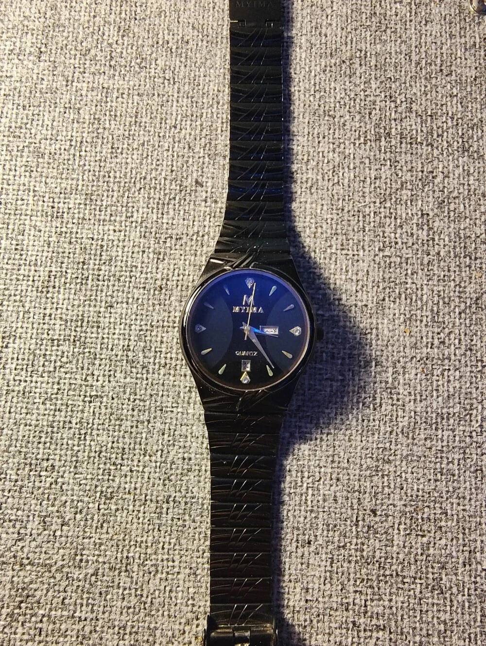 Myima Quartz Watch Black Dial Gold Markers Stainless Steel (Needs Battery)